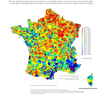 Part de résidences principales occupées par le ménage depuis 4 ans ou moins parmi celles dont la personne de référence est ouvrièr.e - bv2006
Mots-clés: résidence et logement;profession;classes populaires;bassins de vie