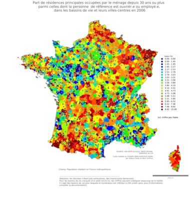 Part de résidences principales occupées par le ménage depuis 30 ans ou plus parmi celles dont la personne de référence est ouvrièr.e ou employé.e - bv2006
Mots-clés: résidence et logement;profession;classes populaires;bassins de vie