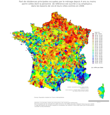 Part de résidences principales occupées par le ménage depuis 4 ans ou moins parmi celles dont la personne de référence est ouvrièr.e ou employé.e - bv2006
Mots-clés: résidence et logement;profession;classes populaires;bassins de vie