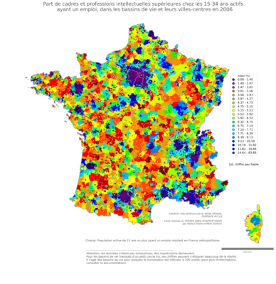 Part de cadres et professions intellectuelles supérieures chez les 15'34 ans actifs ayant un emploi - bv2006
Mots-clés: profession;âge;classes supérieures;bassins de vie