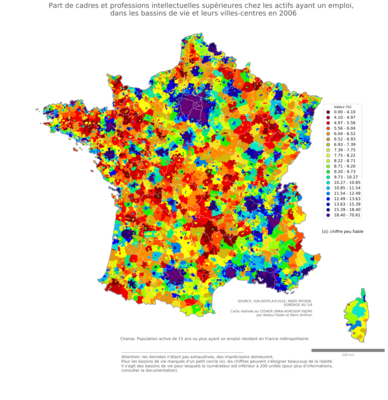 Part de cadres et professions intellectuelles supérieures chez les actifs ayant un emploi - bv2006
Mots-clés: profession;sexe;femmes;classes supérieures;bassins de vie