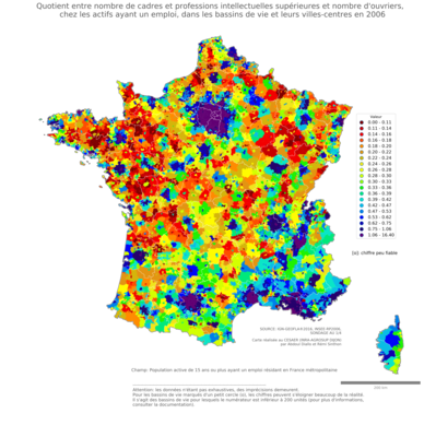 Quotient entre nombre de cadres et professions intellectuelles supérieures et nombre d'ouvriers, chez les actifs ayant un emploi - bv2006
Mots-clés: profession;classes supérieures;classes populaires;bassins de vie