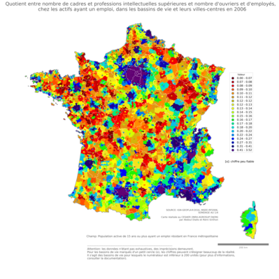 Quotient entre nombre de cadres et professions intellectuelles supérieures et nombre d'ouvriers et d'employés, chez les actifs ayant un emploi - bv2006
Mots-clés: profession;classes supérieures;classes populaires;bassins de vie