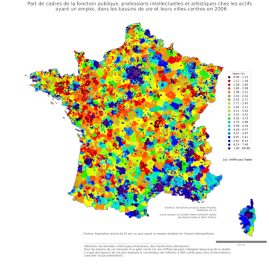 Part de cadres de la fonction publique, professions intellectuelles et artistiques chez les actifs ayant un emploi - bv2006
Mots-clés: profession;classes supérieures;fonction publique ou indépendance;bassins de vie