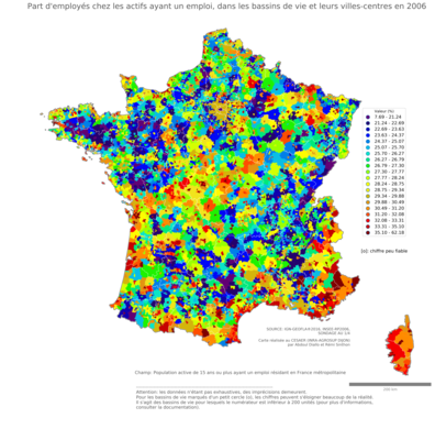 Part d'employés chez les actifs ayant un emploi - bv2006
Mots-clés: profession;sexe;femmes;classes populaires;bassins de vie