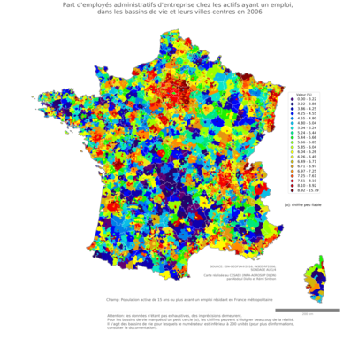 Part d'employés administratifs d'entreprise chez les actifs ayant un emploi - bv2006
Mots-clés: profession;classes populaires;bassins de vie