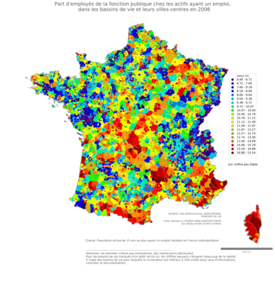 Part d'employés de la fonction publique chez les actifs ayant un emploi - bv2006
Mots-clés: profession;classes populaires;fonction publique ou indépendance;bassins de vie