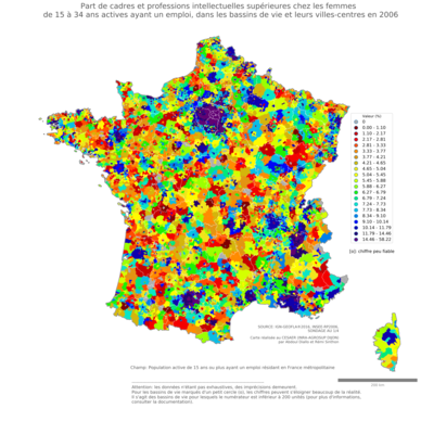 Part de cadres et professions intellectuelles supérieures chez les femmes de 15 à 34 ans actives ayant un emploi - bv2006
Mots-clés: profession;sexe;femmes;âge;classes supérieures;bassins de vie