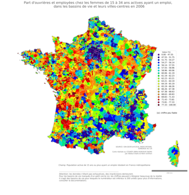 Part d'ouvrières et employées chez les femmes de 15 à 34 ans actives ayant un emploi - bv2006
Mots-clés: profession;sexe;femmes;âge;classes populaires;bassins de vie