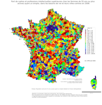 Part de cadres et professions intellectuelles supérieures chez les femmes de 55 ans ou plus actives ayant un emploi - bv2006
Mots-clés: profession;sexe;femmes;âge;classes supérieures;bassins de vie