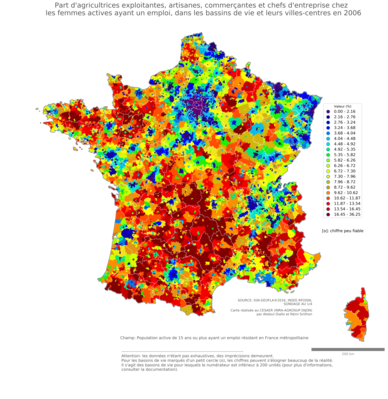 Part d'agricultrices exploitantes, artisanes, commerçantes et chefs d'entreprise chez les femmes actives ayant un emploi - bv2006
Mots-clés: profession;sexe;femmes;fonction publique ou indépendance;bassins de vie