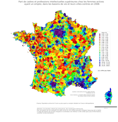 Part de cadres et professions intellectuelles supérieures chez les femmes actives ayant un emploi - bv2006
Mots-clés: profession;sexe;femmes;classes supérieures;bassins de vie