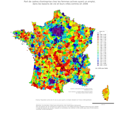 Part de cadres d'entreprise chez les femmes actives ayant un emploi - bv2006
Mots-clés: profession;sexe;femmes;classes supérieures;bassins de vie