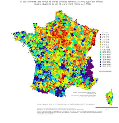 % sous contrat sans limite de durée chez les femmes actives ayant un emploi - bv2006
Mots-clés: conditions de travail et d-emploi;sexe;femmes;bassins de vie