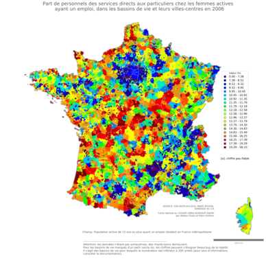 Part de personnels des services directs aux particuliers chez les femmes actives ayant un emploi - bv2006
Mots-clés: profession;sexe;femmes;classes populaires;bassins de vie