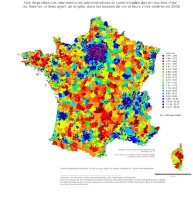 Part de professions intermédiaires administratives et commerciales des entreprises chez les femmes actives ayant un emploi - bv2006
Mots-clés: profession;sexe;femmes;bassins de vie