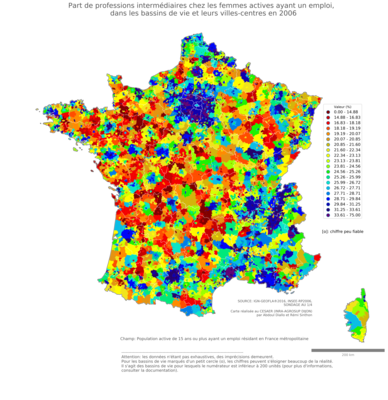 Part de professions intermédiaires chez les femmes actives ayant un emploi - bv2006
Mots-clés: profession;sexe;femmes;bassins de vie