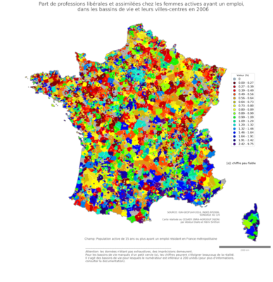 Part de professions libérales et assimilées chez les femmes actives ayant un emploi - bv2006
Mots-clés: profession;sexe;femmes;classes supérieures;bassins de vie