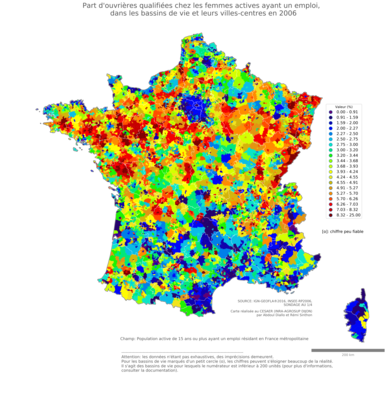 Part d'ouvrières qualifiées chez les femmes actives ayant un emploi - bv2006
Mots-clés: profession;sexe;femmes;classes populaires;bassins de vie