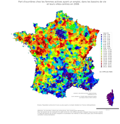 Part d'ouvrières chez les femmes actives ayant un emploi - bv2006
Mots-clés: profession;sexe;femmes;classes populaires;bassins de vie