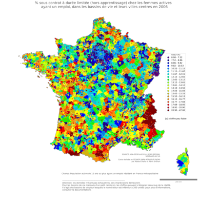 % sous contrat à durée limitée (hors apprentissage) chez les femmes actives ayant un emploi - bv2006
Mots-clés: conditions de travail et d-emploi;sexe;femmes;classes populaires;bassins de vie