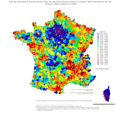 Part de salariées à temps partiel chez les femmes actives ayant un emploi - bv2006
Mots-clés: conditions de travail et d-emploi;sexe;femmes;bassins de vie