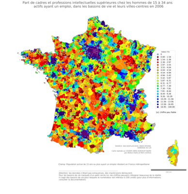 Part de cadres et professions intellectuelles supérieures chez les hommes de 15 à 34 ans actifs ayant un emploi - bv2006
Mots-clés: profession;sexe;hommes;âge;classes supérieures;bassins de vie