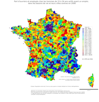 Part d'ouvriers et employés chez les hommes de 15 à 34 ans actifs ayant un emploi - bv2006
Mots-clés: profession;sexe;hommes;âge;classes populaires;bassins de vie