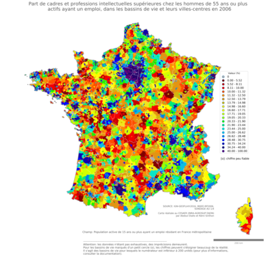 Part de cadres et professions intellectuelles supérieures chez les hommes de 55 ans ou plus actifs ayant un emploi - bv2006
Mots-clés: profession;sexe;hommes;âge;classes supérieures;bassins de vie