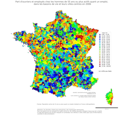 Part d'ouvriers et employés chez les hommes de 55 ans ou plus actifs ayant un emploi - bv2006
Mots-clés: profession;sexe;hommes;âge;classes populaires;bassins de vie