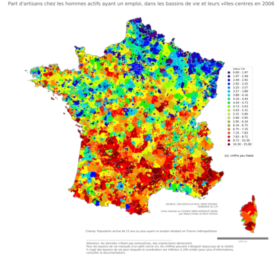 Part d'artisans chez les hommes actifs ayant un emploi - bv2006
Mots-clés: profession;sexe;femmes;fonction publique ou indépendance;bassins de vie