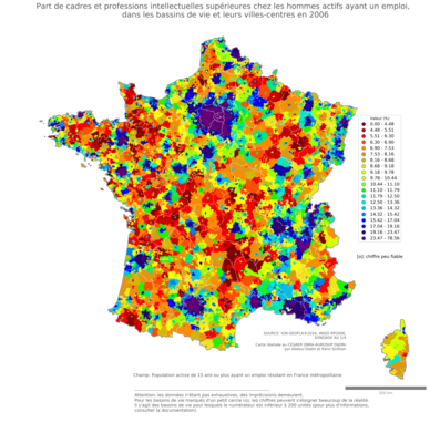 Part de cadres et professions intellectuelles supérieures chez les hommes actifs ayant un emploi - bv2006
Mots-clés: profession;sexe;hommes;classes supérieures;bassins de vie