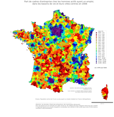 Part de cadres d'entreprise chez les hommes actifs ayant un emploi - bv2006
Mots-clés: profession;sexe;femmes;classes supérieures;bassins de vie