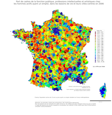 Part de cadres de la fonction publique, professions intellectuelles et artistiques chez les hommes actifs ayant un emploi - bv2006
Mots-clés: profession;sexe;femmes;classes supérieures;fonction publique ou indépendance;bassins de vie