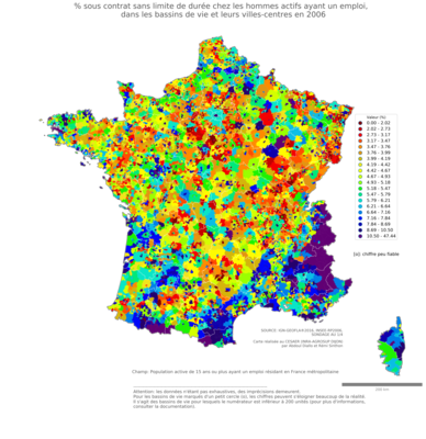 % sous contrat sans limite de durée chez les hommes actifs ayant un emploi - bv2006
Mots-clés: conditions de travail et d-emploi;sexe;hommes;bassins de vie