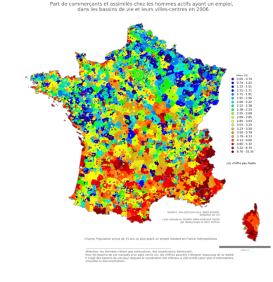 Part de commerçants et assimilés chez les hommes actifs ayant un emploi - bv2006
Mots-clés: profession;sexe;femmes;fonction publique ou indépendance;bassins de vie