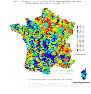 Part de contremaîtres et agents de maîtrise chez les hommes actifs ayant un emploi - bv2006
Mots-clés: profession;sexe;femmes;bassins de vie