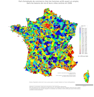 Part d'employés de commerce chez les hommes actifs ayant un emploi - bv2006
Mots-clés: profession;sexe;femmes;classes populaires;bassins de vie