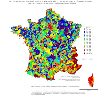 Part de personnels des services directs aux particuliers chez les hommes actifs ayant un emploi - bv2006
Mots-clés: profession;sexe;femmes;classes populaires;bassins de vie