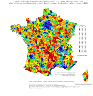 Part de professions intermédiaires administratives et commerciales des entreprises chez les hommes actifs ayant un emploi - bv2006
Mots-clés: profession;sexe;femmes;bassins de vie