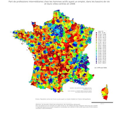 Part de professions intermédiaires chez les hommes actifs ayant un emploi - bv2006
Mots-clés: profession;sexe;hommes;bassins de vie