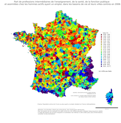 Part de professions intermédiaires de l'enseignement, de la santé, de la fonction publique et assimilées chez les hommes actifs ayant un emploi - bv2006
Mots-clés: profession;sexe;femmes;bassins de vie