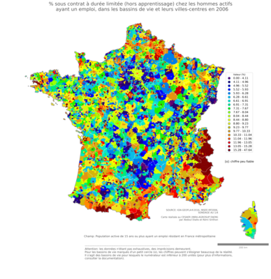 % sous contrat à durée limitée (hors apprentissage) chez les hommes actifs ayant un emploi - bv2006
Mots-clés: conditions de travail et d-emploi;sexe;hommes;classes populaires;bassins de vie