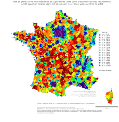 Part de professions intermédiaires et supérieures (hors chefs d'entreprise) chez les hommes actifs ayant un emploi - bv2006
Mots-clés: profession;sexe;hommes;classes supérieures;bassins de vie