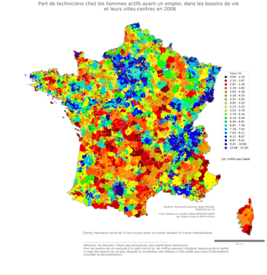 Part de techniciens chez les hommes actifs ayant un emploi - bv2006
Mots-clés: profession;sexe;femmes;bassins de vie