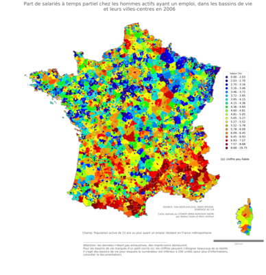 Part de salariés à temps partiel chez les hommes actifs ayant un emploi - bv2006
Mots-clés: conditions de travail et d-emploi;sexe;hommes;bassins de vie