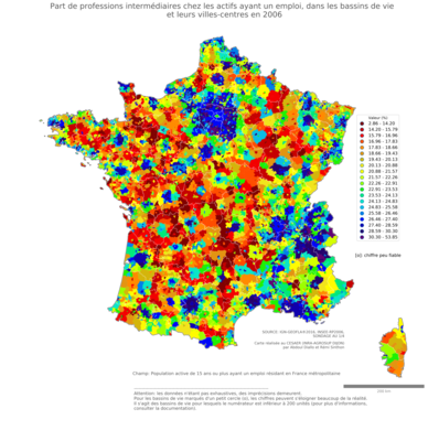 Part de professions intermédiaires chez les actifs ayant un emploi - bv2006
Mots-clés: profession;sexe;femmes;bassins de vie