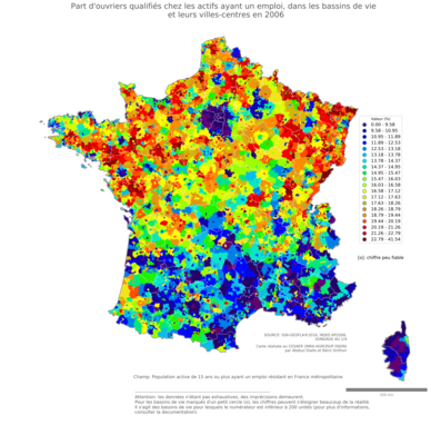 Part d'ouvriers qualifiés chez les actifs ayant un emploi - bv2006
Mots-clés: profession;classes populaires;bassins de vie