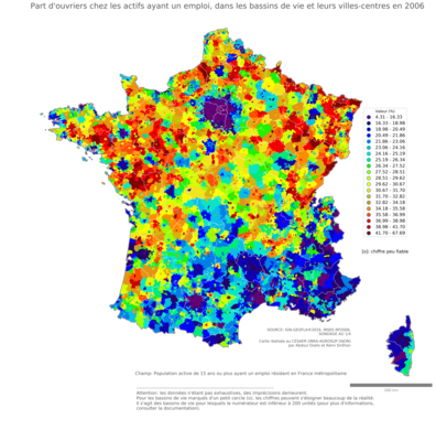 Part d'ouvriers chez les actifs ayant un emploi - bv2006
Mots-clés: profession;sexe;femmes;classes populaires;bassins de vie