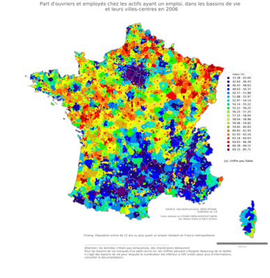 Part d'ouvriers et employés chez les actifs ayant un emploi - bv2006
Mots-clés: profession;sexe;femmes;classes populaires;bassins de vie